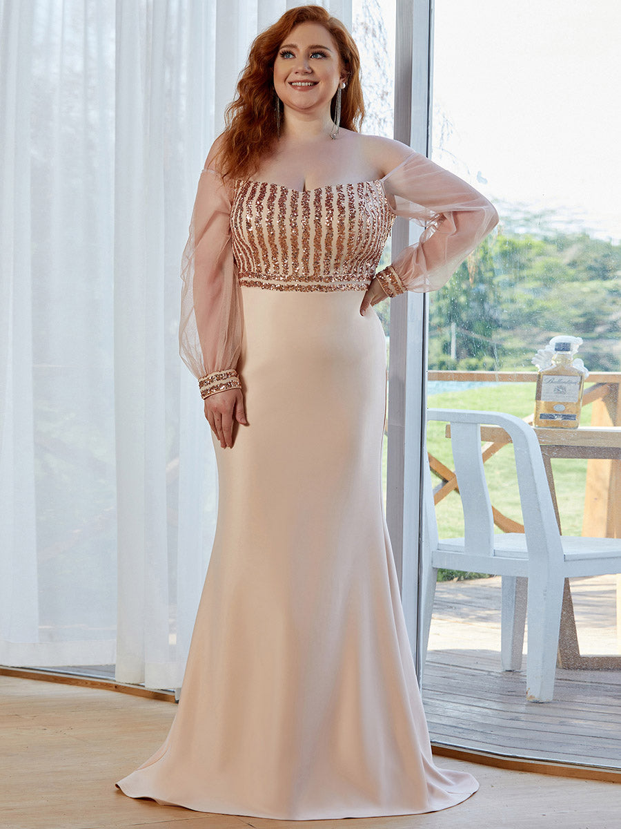 Color=Rose Gold | Plus Size Cool See-Through Sleeves Wholesale Dresses-Rose Gold 4