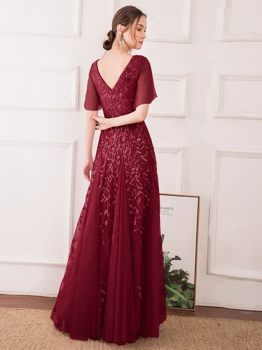 Color=Burgundy | romantic-shimmery-v-neck-ruffle-sleeves-maxi-long-evening-gowns-ep00734-Burgundy 7