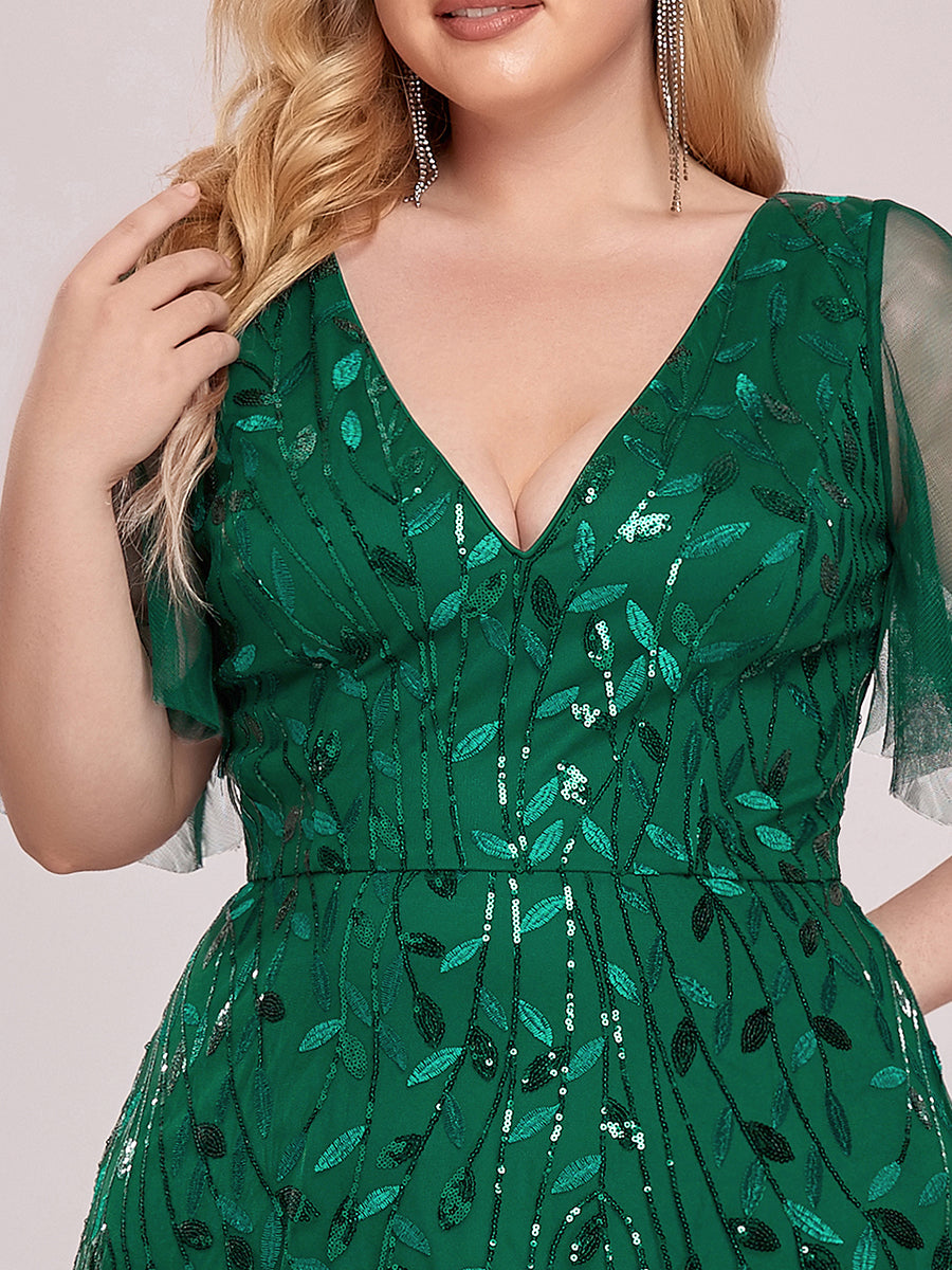 Color=Dark Green | Romantic Shimmery Plus Size Ruffle Sleeves Maxi Long Evening Gowns-Dark Green 5