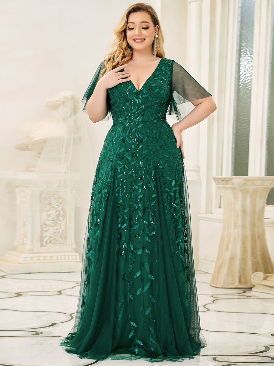 Color=Dark Green | Romantic Shimmery Plus Size Ruffle Sleeves Maxi Long Evening Gowns-Dark Green 1