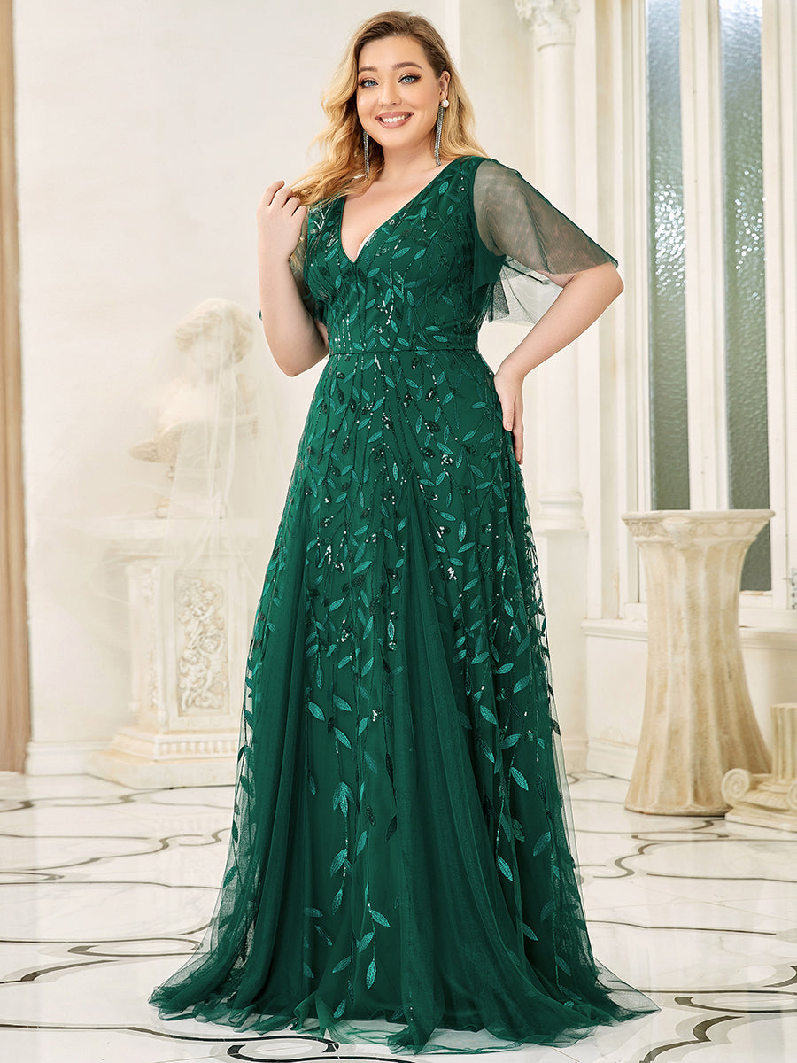 Color=Dark Green | Romantic Shimmery Plus Size Ruffle Sleeves Maxi Long Evening Gowns-Dark Green 2