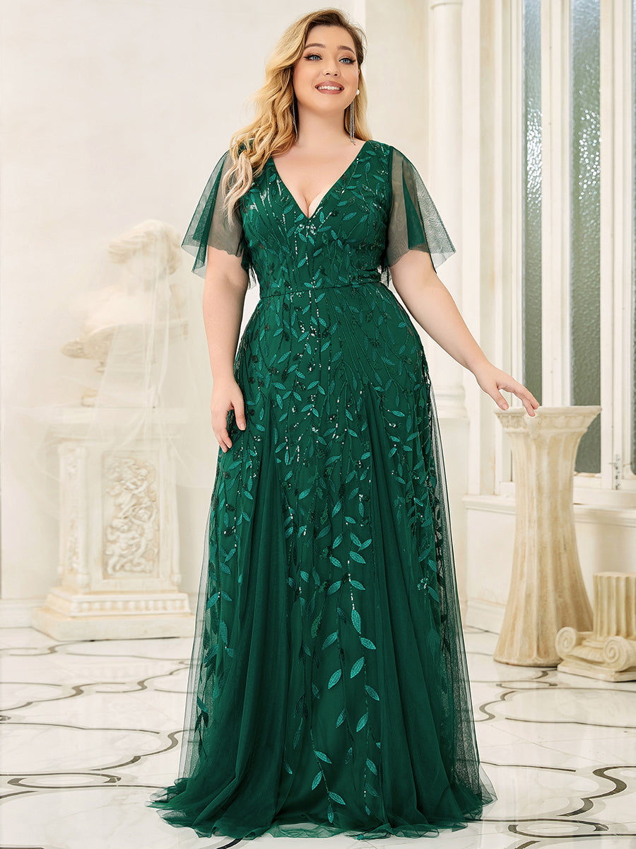 Color=Dark Green | Romantic Shimmery Plus Size Ruffle Sleeves Maxi Long Evening Gowns-Dark Green 3