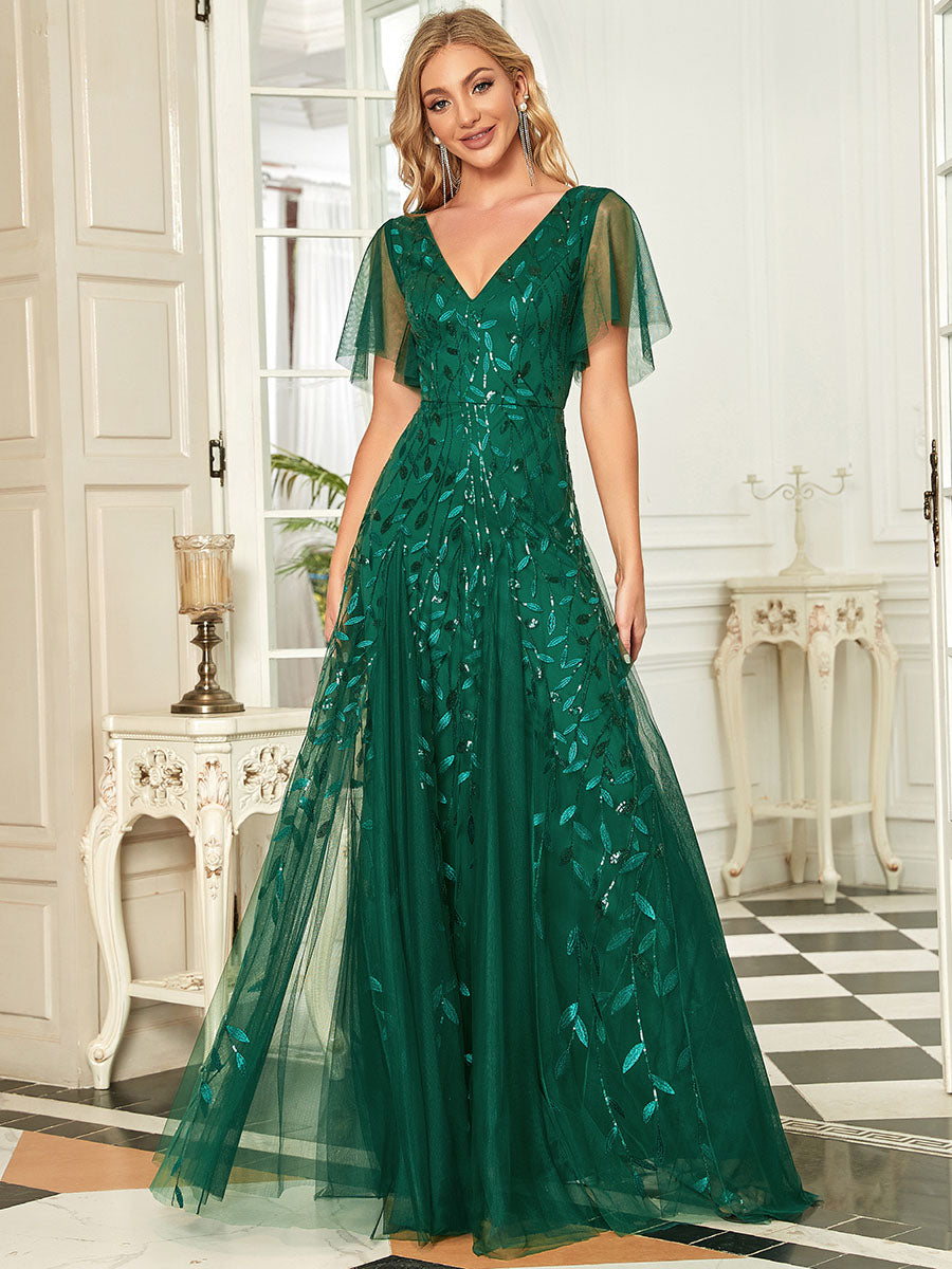 Color=Dark Green | Glamorous Short Ruffle Sleeves A Line Wholesale Dresses-Dark Green 1