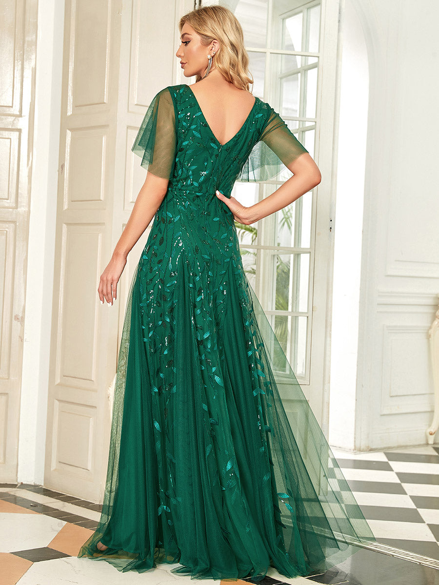 Color=Dark Green | Glamorous Short Ruffle Sleeves A Line Wholesale Dresses-Dark Green 2