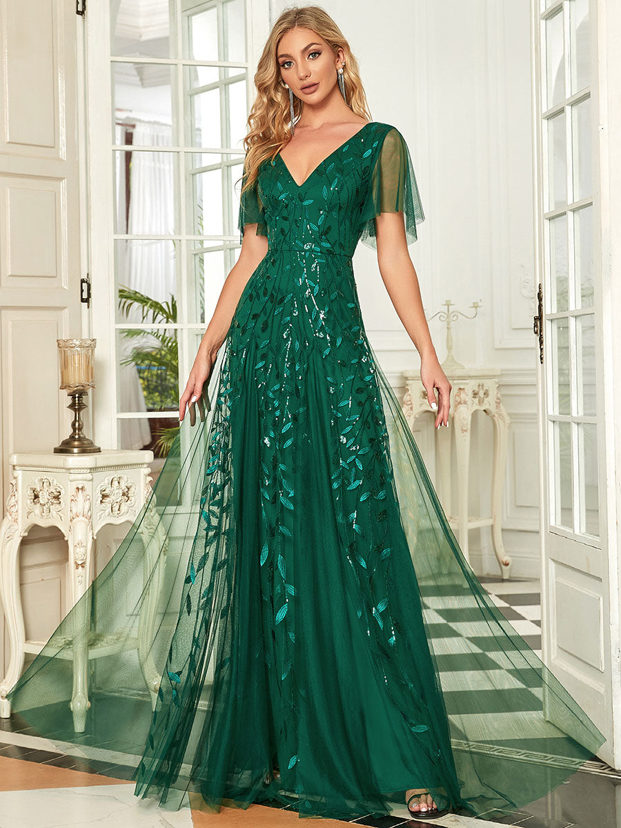 Color=Dark Green | Glamorous Short Ruffle Sleeves A Line Wholesale Dresses-Dark Green 4