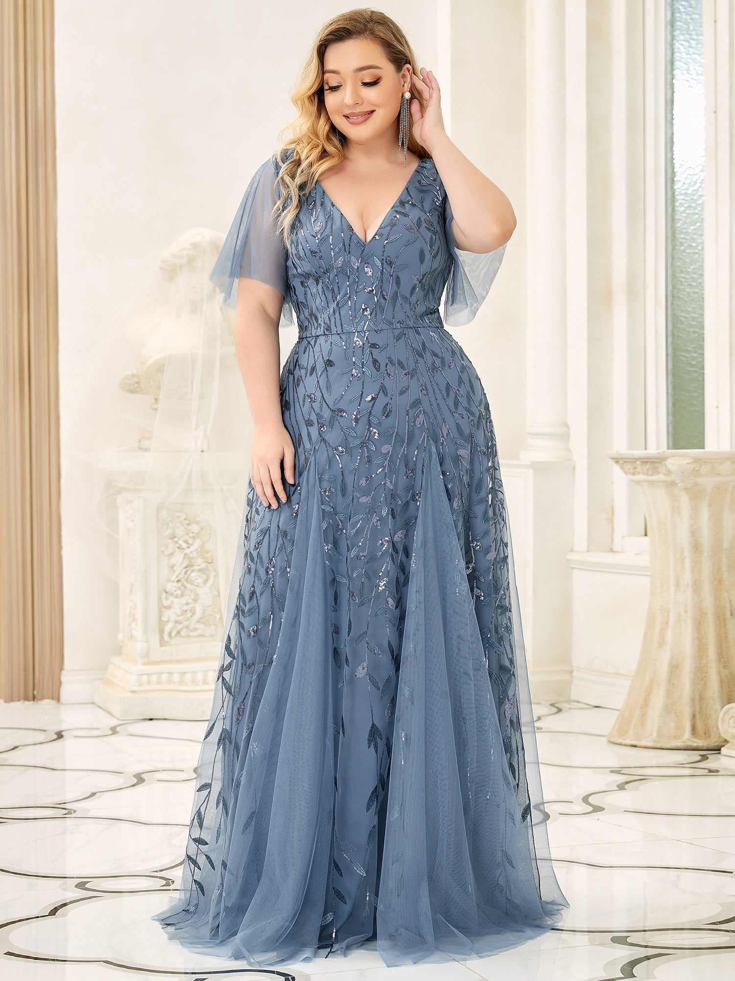 Color=Dusty Blue | Romantic Shimmery Plus Size Ruffle Sleeves Maxi Long Evening Gowns-Dusty Blue 2