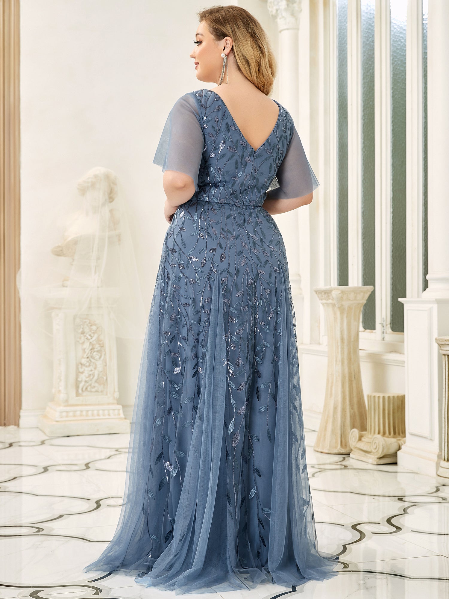 Color=Dusty Blue | Romantic Shimmery Plus Size Ruffle Sleeves Maxi Long Evening Gowns-Dusty Blue 4