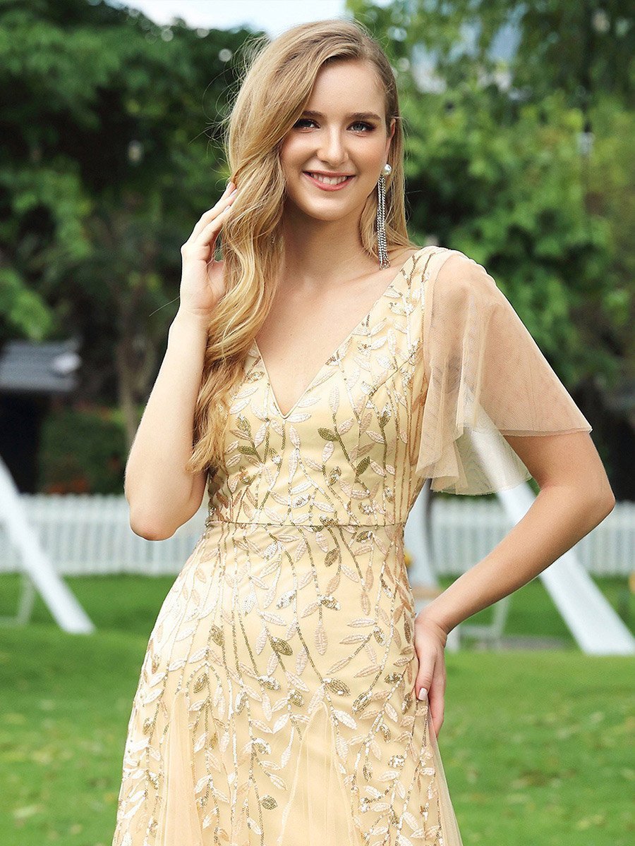 Radiant Gold Sequin Lace Prom Dresses Ruffled Off the Shoulder Evening –  vigocouture