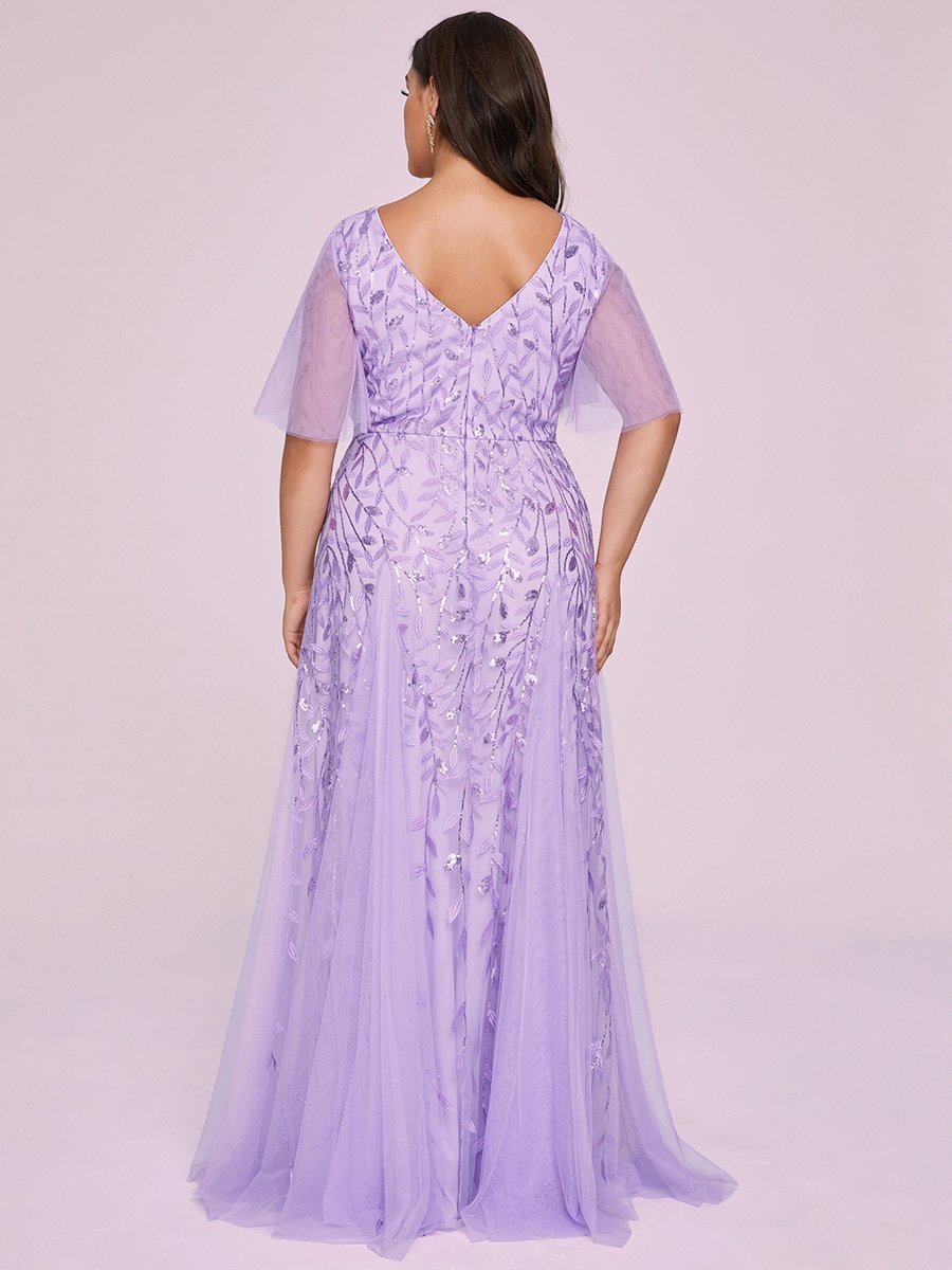 Color=Lavender | Romantic Shimmery Plus Size Ruffle Sleeves Maxi Long Evening Gowns-Lavender 7