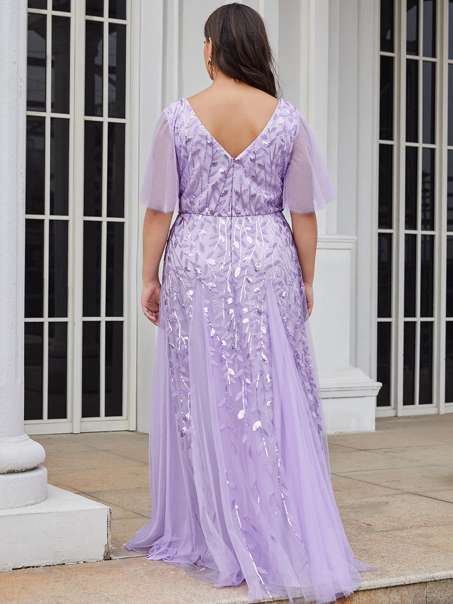 Color=Lavender | Romantic Shimmery Plus Size Ruffle Sleeves Maxi Long Evening Gowns-Lavender 2