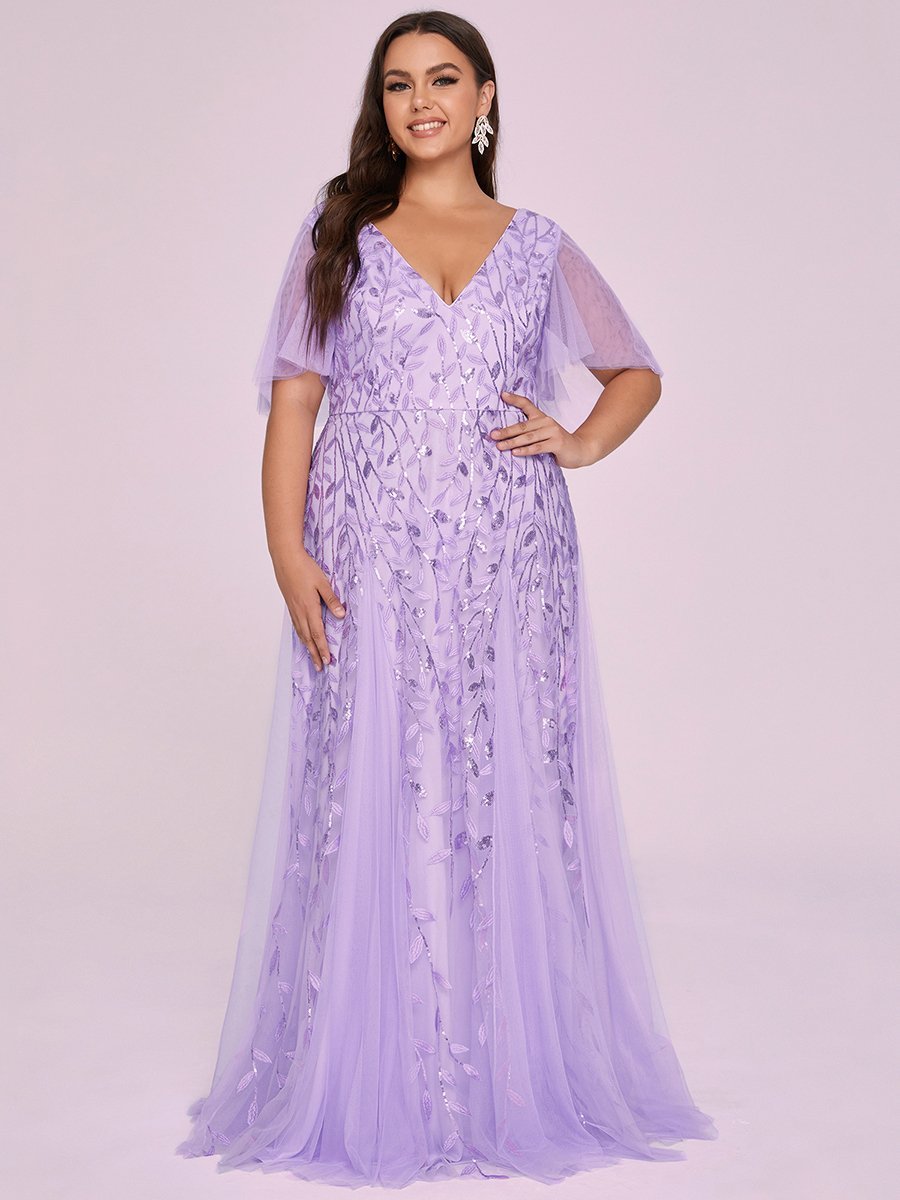 Color=Lavender | Romantic Shimmery Plus Size Ruffle Sleeves Maxi Long Evening Gowns-Lavender 6