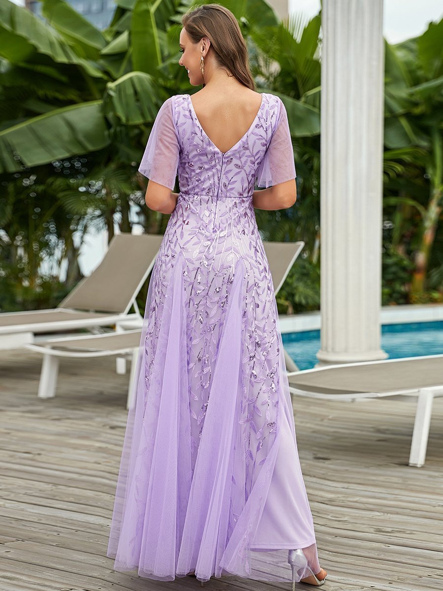 Color=Lavender | Glamorous Short Ruffle Sleeves A Line Wholesale Dresses-Lavender 2