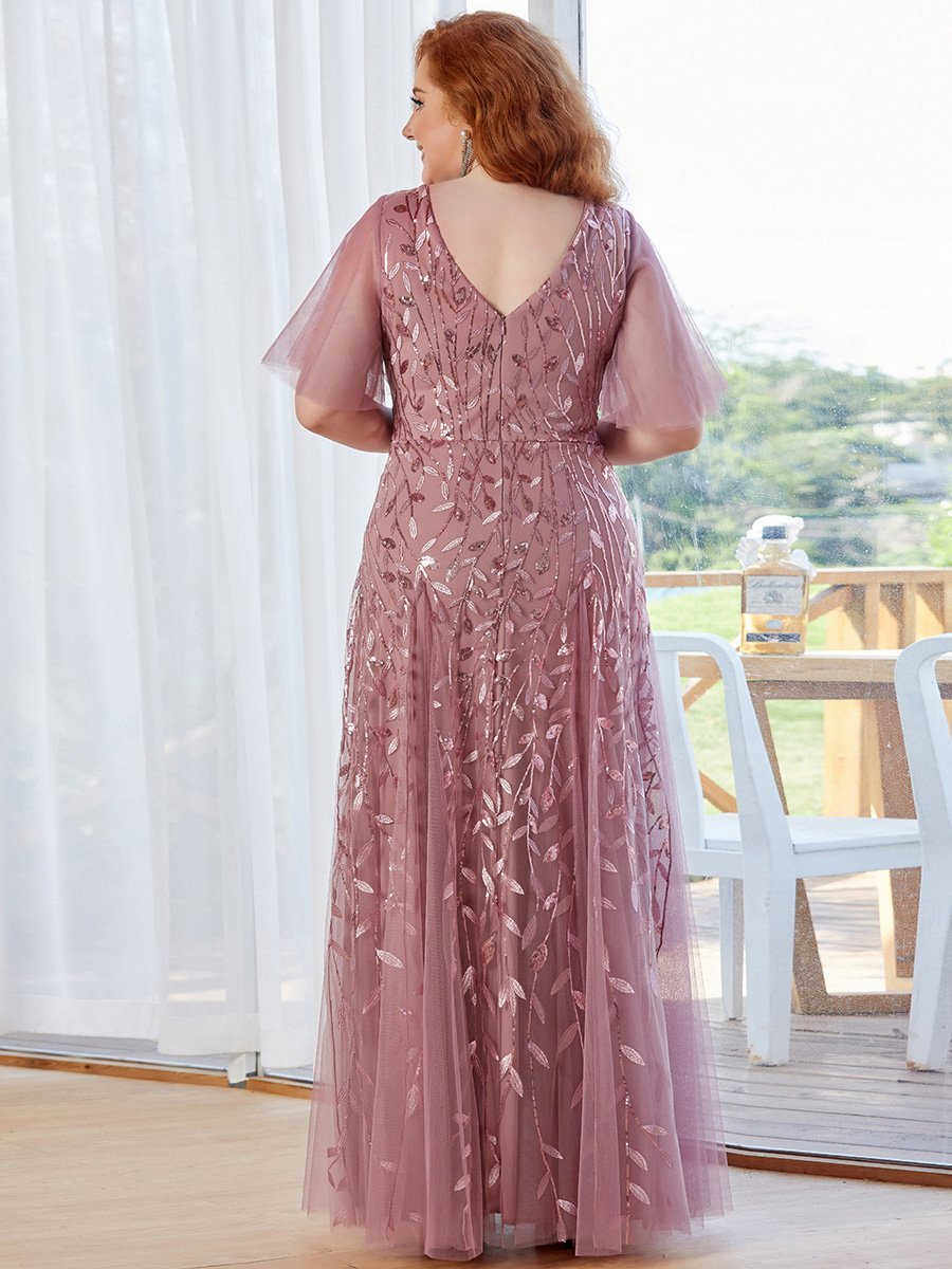 Color=Orchid | Romantic Shimmery Plus Size Ruffle Sleeves Maxi Long Evening Gowns-Orchid 2