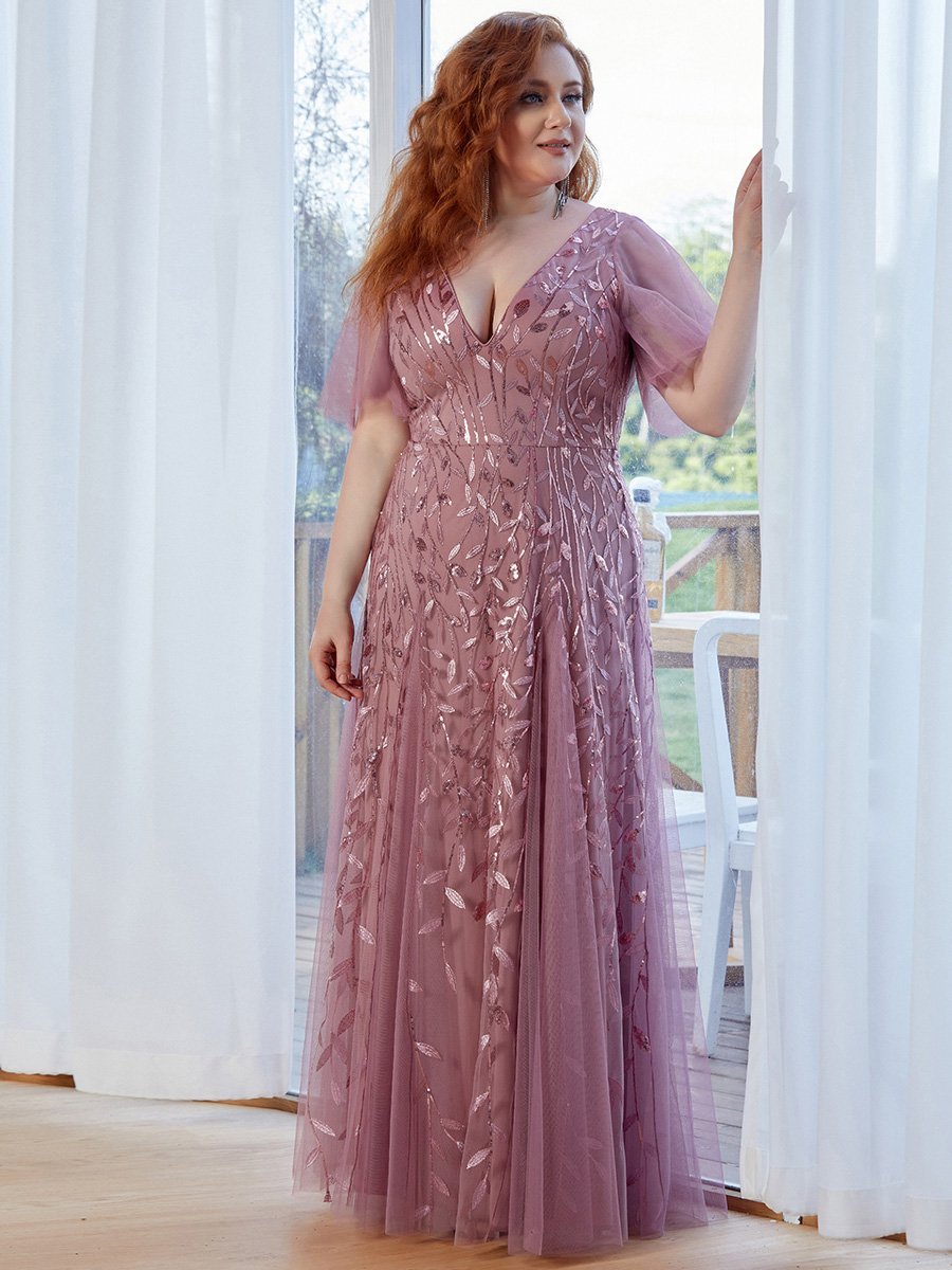 Color=Orchid | Romantic Shimmery Plus Size Ruffle Sleeves Maxi Long Evening Gowns-Orchid 3