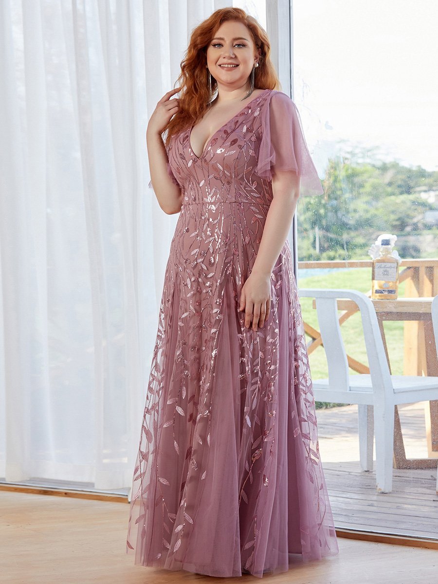 Color=Orchid | Romantic Shimmery Plus Size Ruffle Sleeves Maxi Long Evening Gowns-Orchid 4