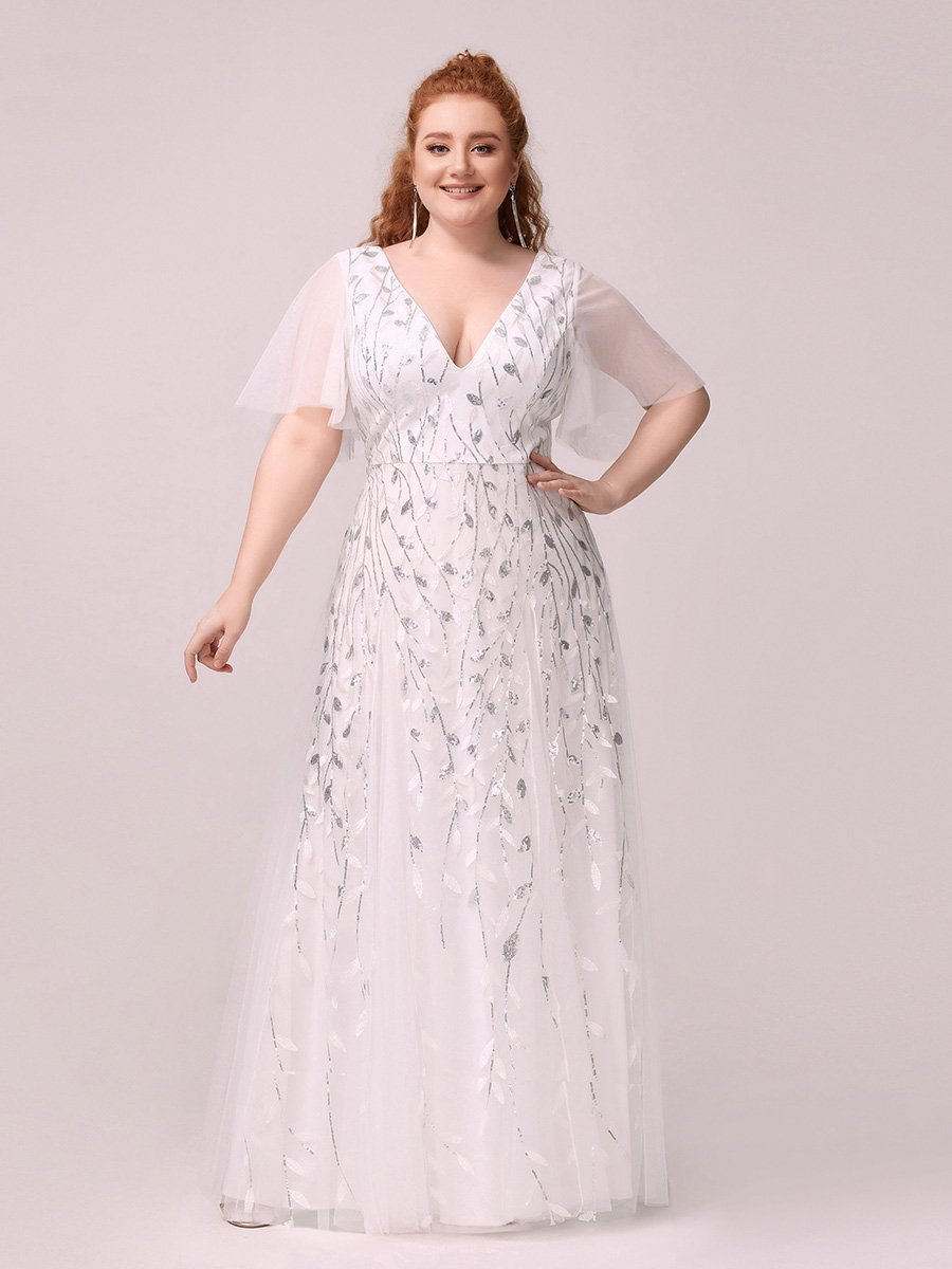 Color=White | Romantic Shimmery Plus Size Ruffle Sleeves Maxi Long Evening Gowns-White 1