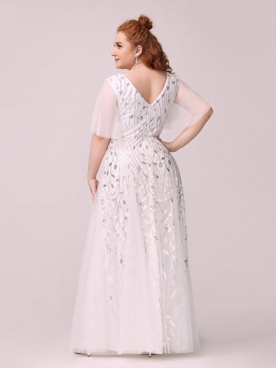 Color=White | Romantic Shimmery Plus Size Ruffle Sleeves Maxi Long Evening Gowns-White 2