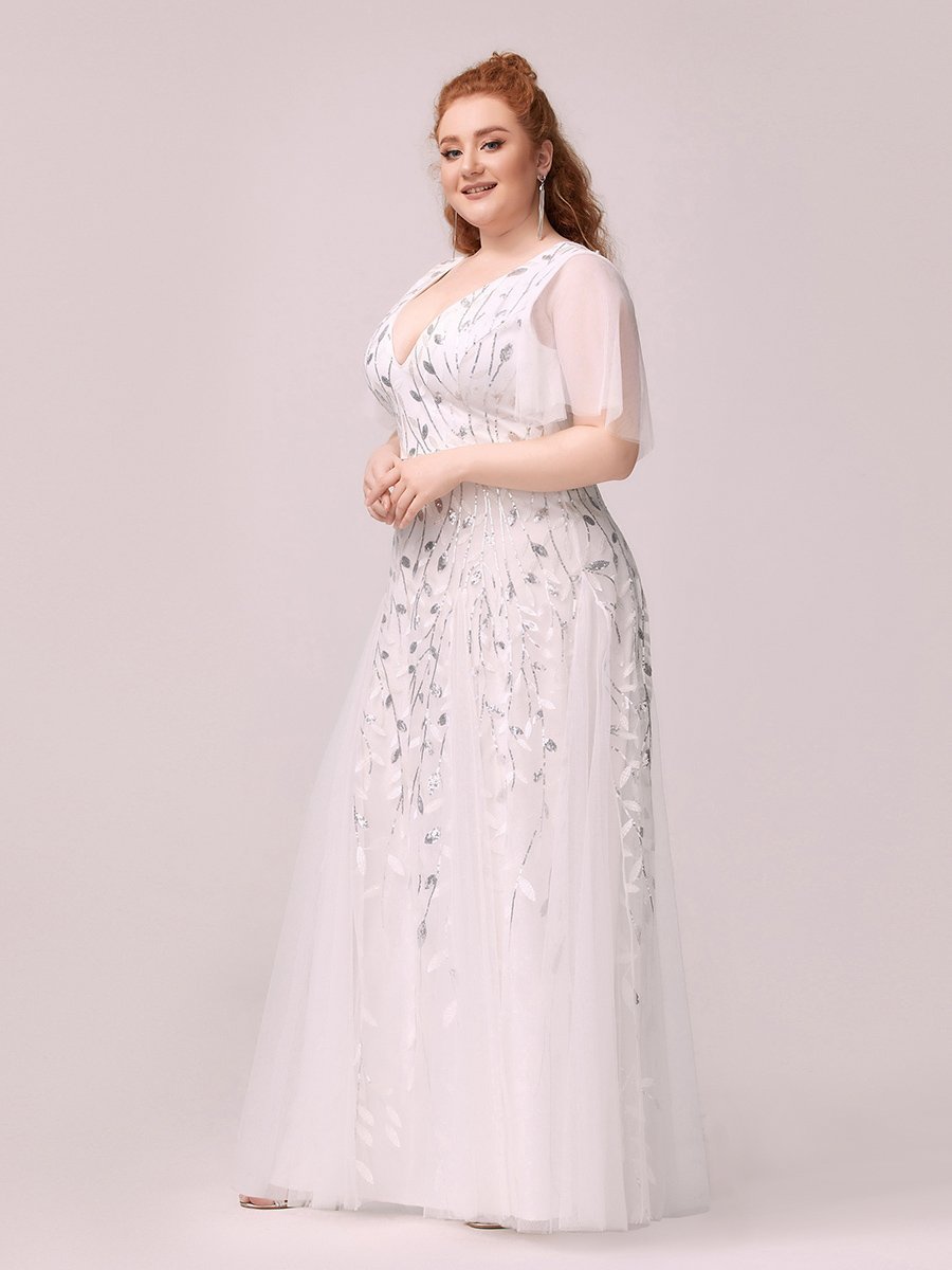 Color=White | Romantic Shimmery Plus Size Ruffle Sleeves Maxi Long Evening Gowns-White 3