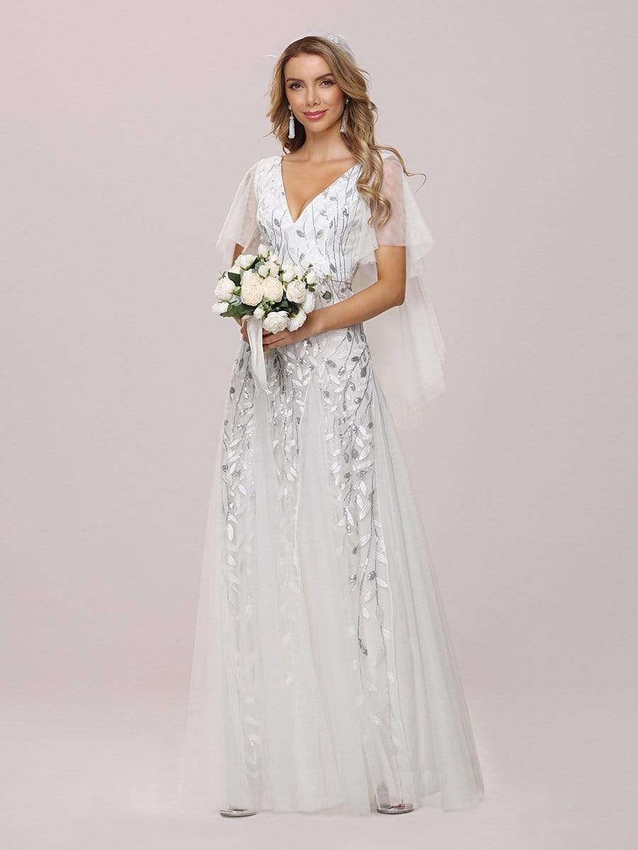 Color=White | Modern Floor Length Embroidered Sequined Tulle Wedding Dress-White 4