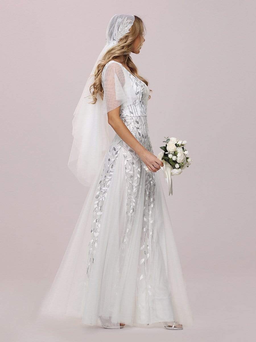 Color=White | Modern Floor Length Embroidered Sequined Tulle Wedding Dress-White 5