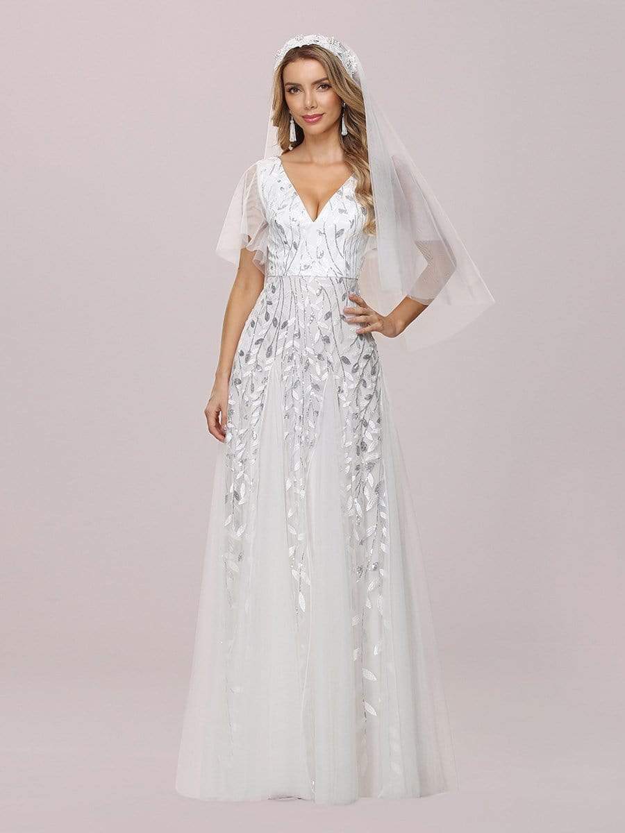 Color=White | Modern Floor Length Embroidered Sequined Tulle Wedding Dress-White 6