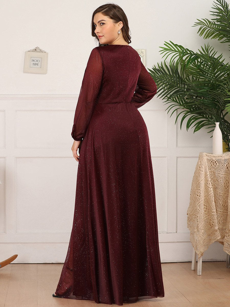 Color=Burgundy | Plus Size Women'S Sexy V-Neck Long Sleeve Evening Dresses Ep00739-Burgundy 2
