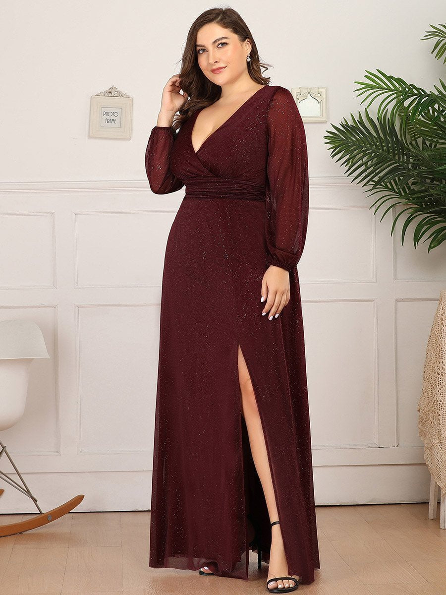 Color=Burgundy | Plus Size Women'S Sexy V-Neck Long Sleeve Evening Dresses Ep00739-Burgundy 3