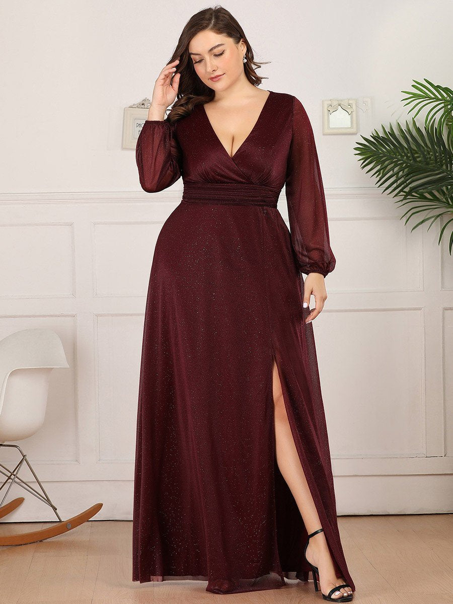 Color=Burgundy | Plus Size Women'S Sexy V-Neck Long Sleeve Evening Dresses Ep00739-Burgundy 4