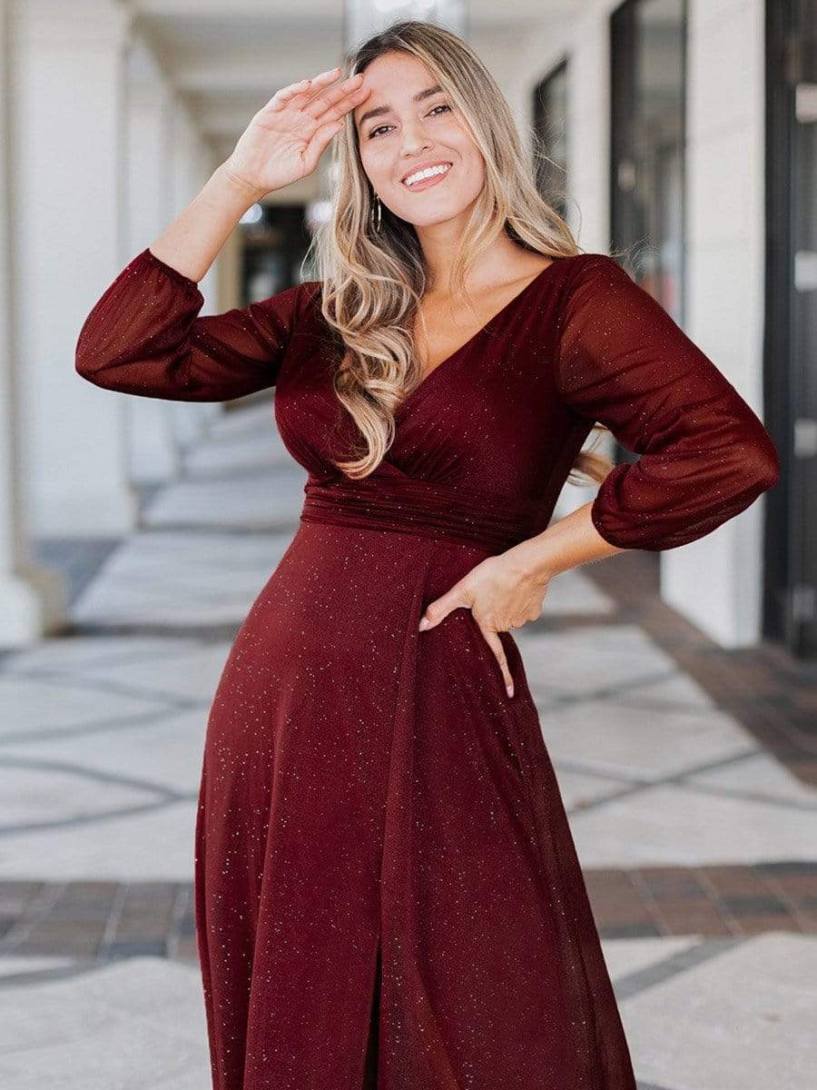 Color=Burgundy | Women'S Sexy V-Neck Long Sleeve Evening Dress-Burgundy 7