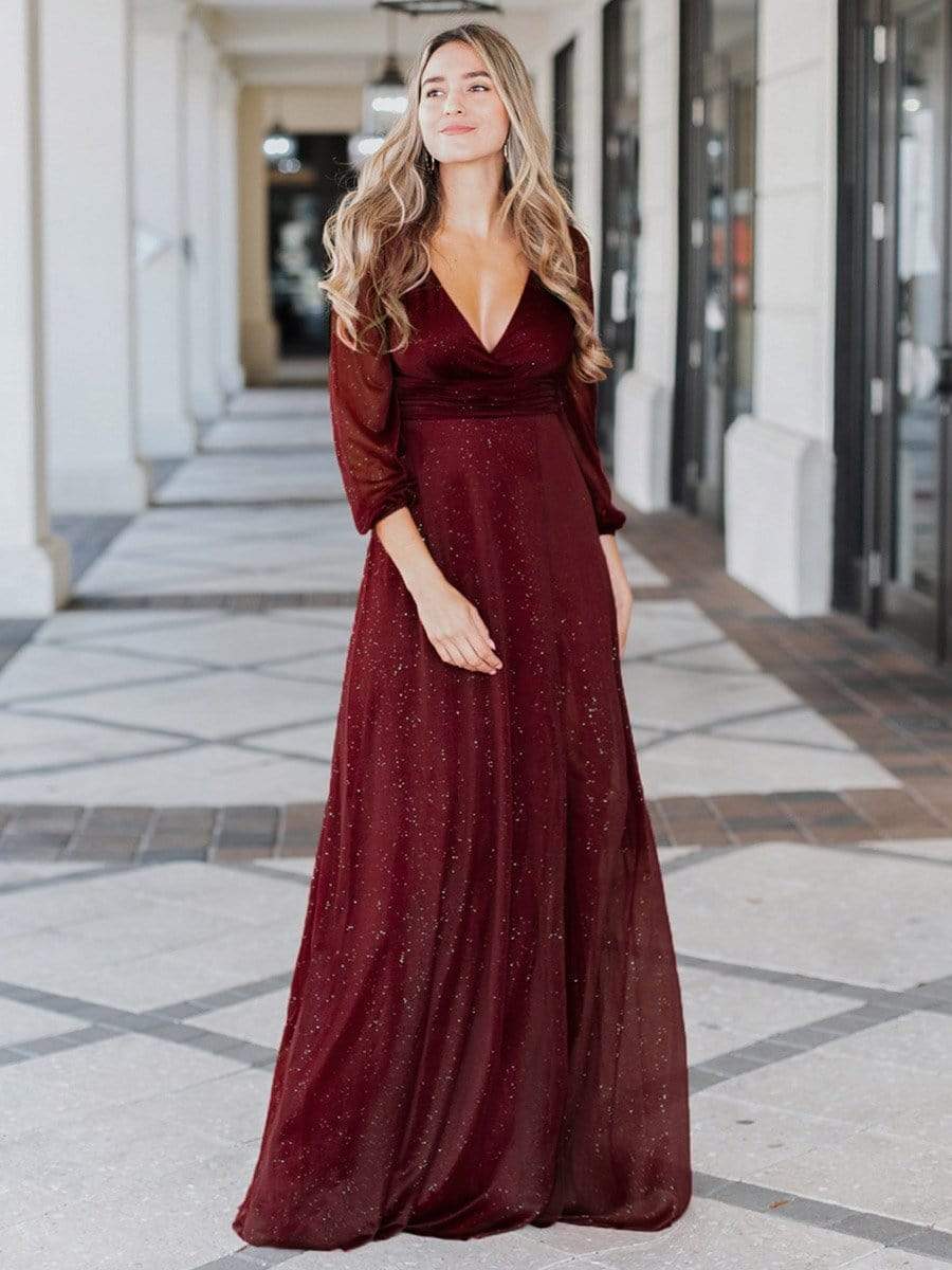 Color=Burgundy | Women'S Sexy V-Neck Long Sleeve Evening Dress-Burgundy 8