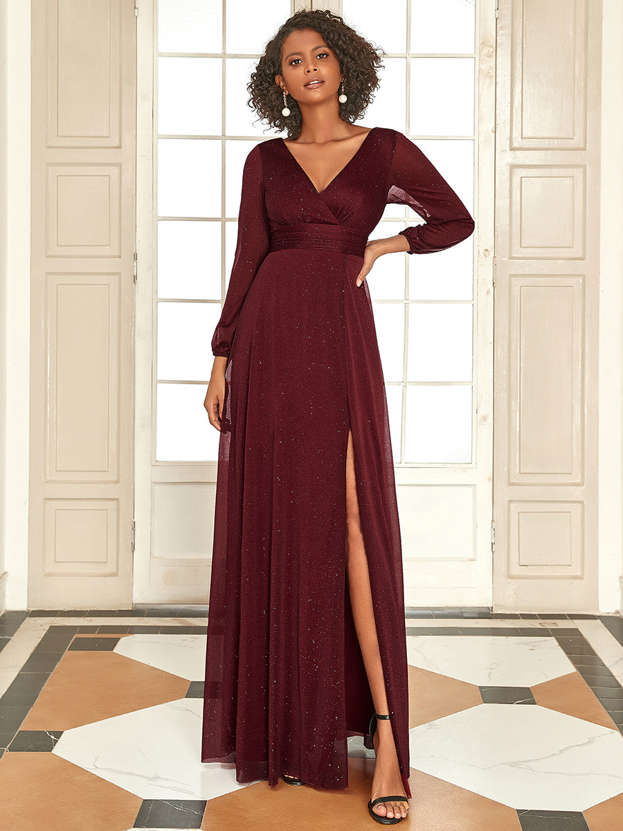 Color=Burgundy | Women'S Sexy V-Neck Long Sleeve Evening Dress-Burgundy 4
