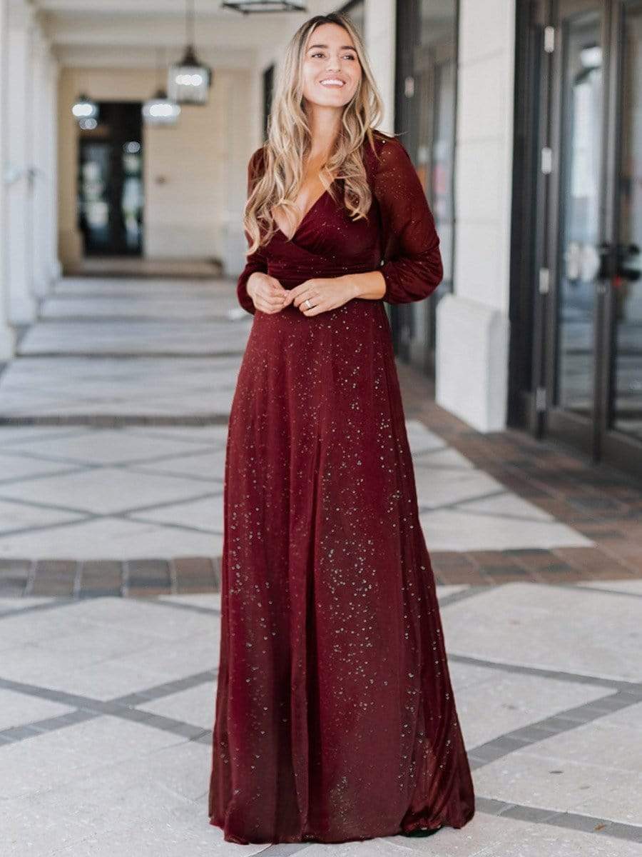 Color=Burgundy | Women'S Sexy V-Neck Long Sleeve Evening Dress-Burgundy 6