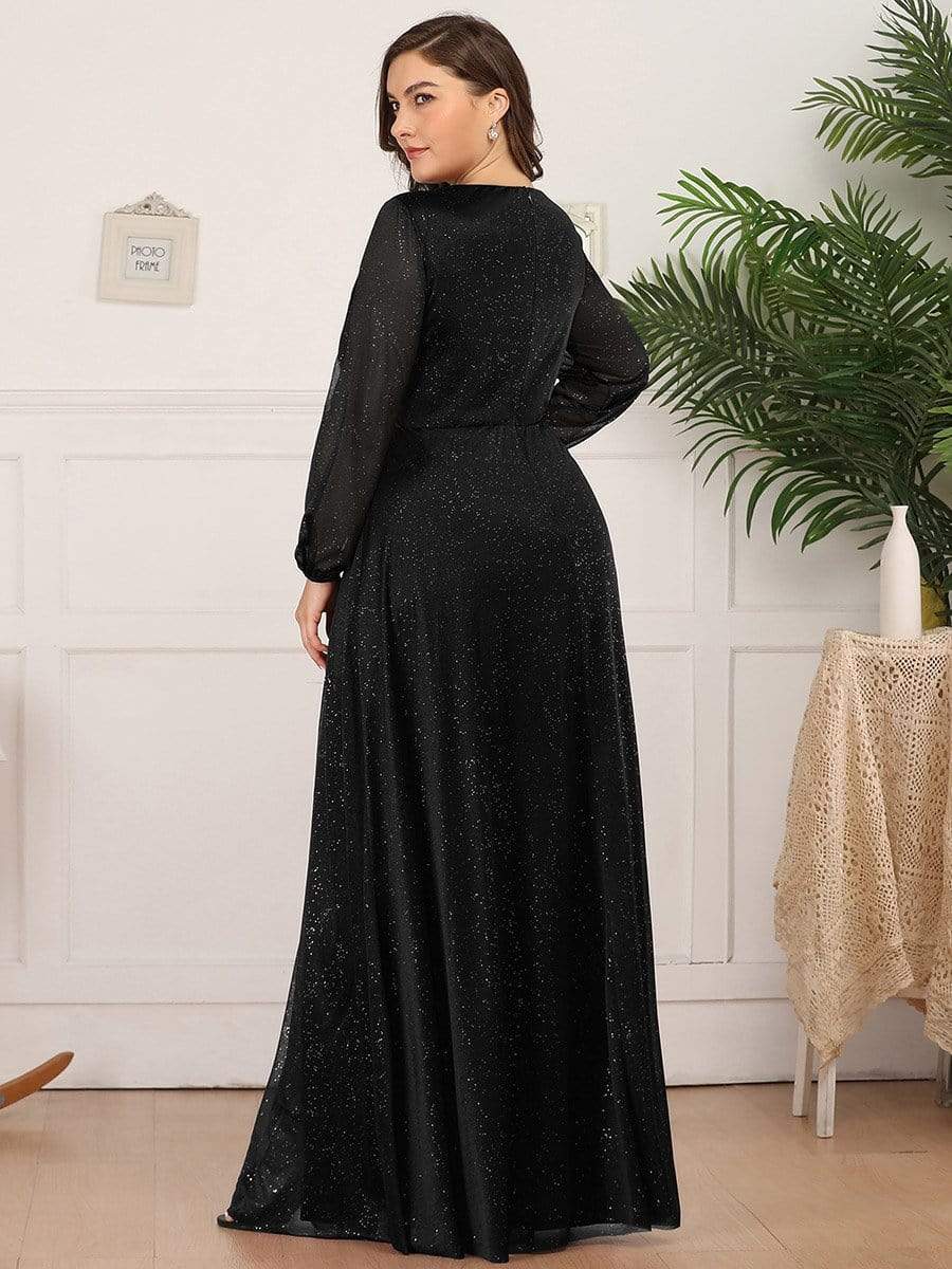 Color=Black | Women'S Sexy V-Neck Long Sleeve Evening Dress-Black 7