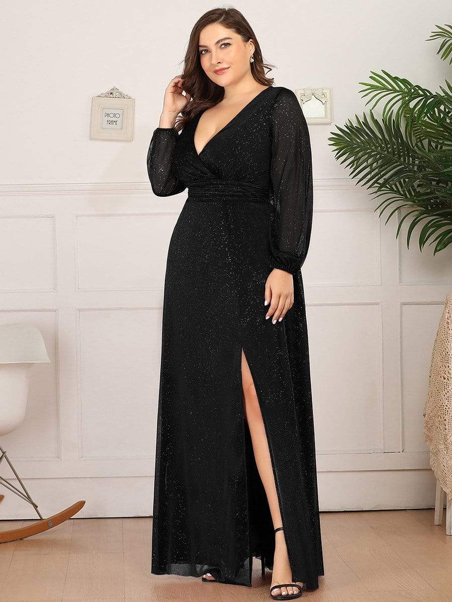 Color=Black | Women'S Sexy V-Neck Long Sleeve Evening Dress-Black 8