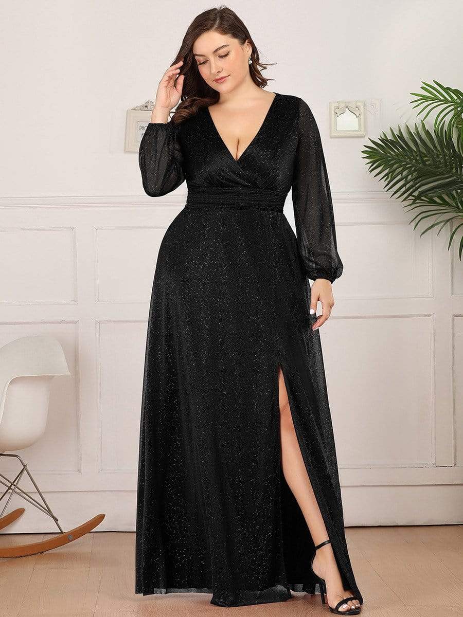Color=Black | Women'S Sexy V-Neck Long Sleeve Evening Dress-Black 9