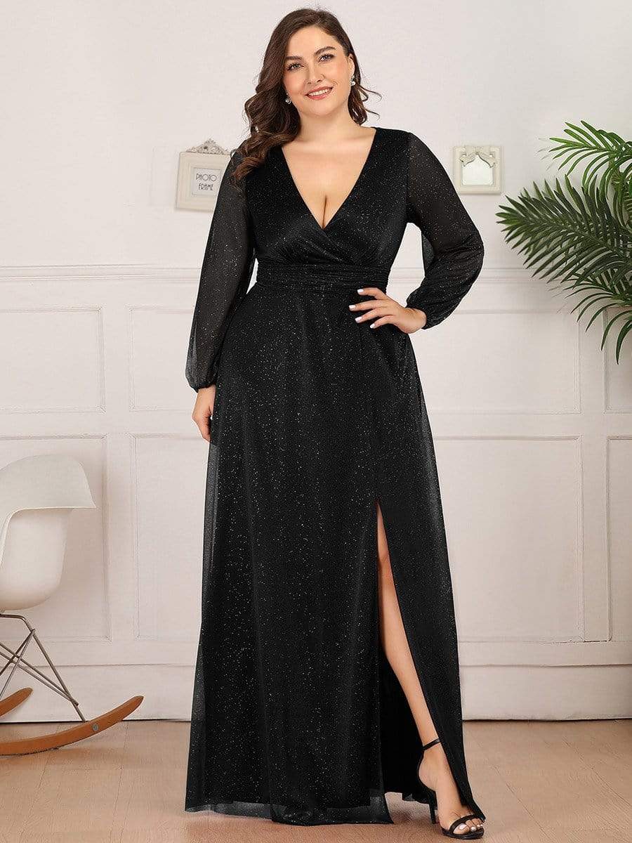 Color=Black | Women'S Sexy V-Neck Long Sleeve Evening Dress-Black 6