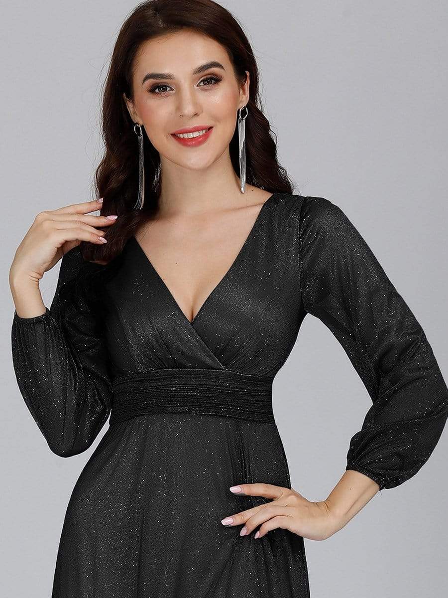 Color=Black | Women'S Sexy V-Neck Long Sleeve Evening Dress-Black 5