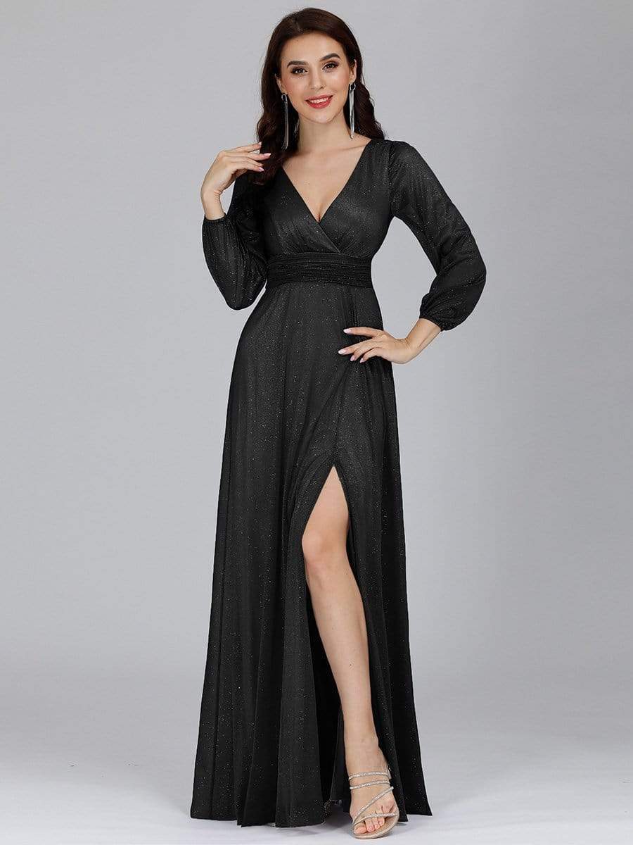 Color=Black | Women'S Sexy V-Neck Long Sleeve Evening Dress-Black 1