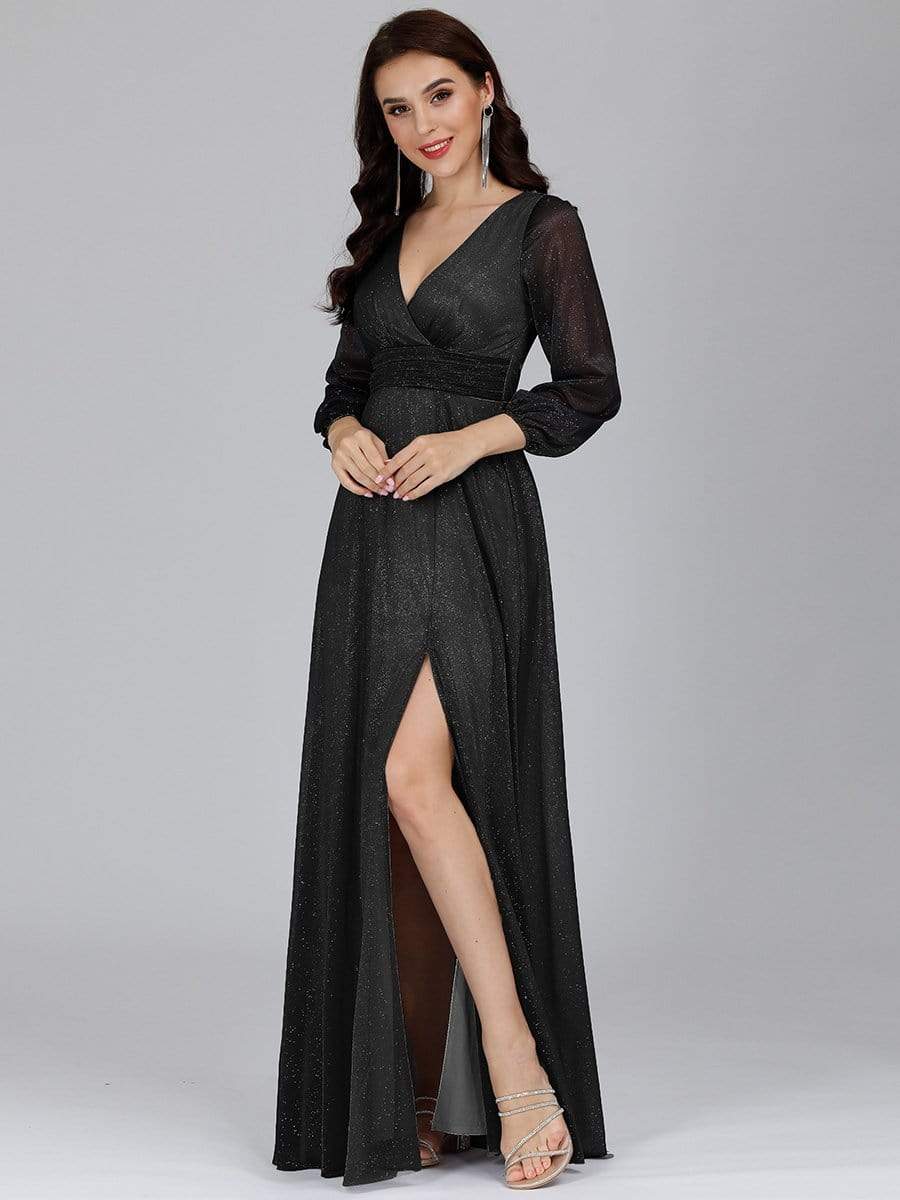 Color=Black | Women'S Sexy V-Neck Long Sleeve Evening Dress-Black 3