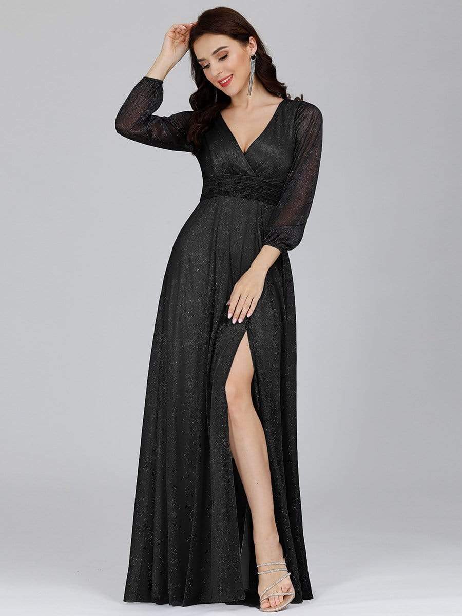 Color=Black | Women'S Sexy V-Neck Long Sleeve Evening Dress-Black 4