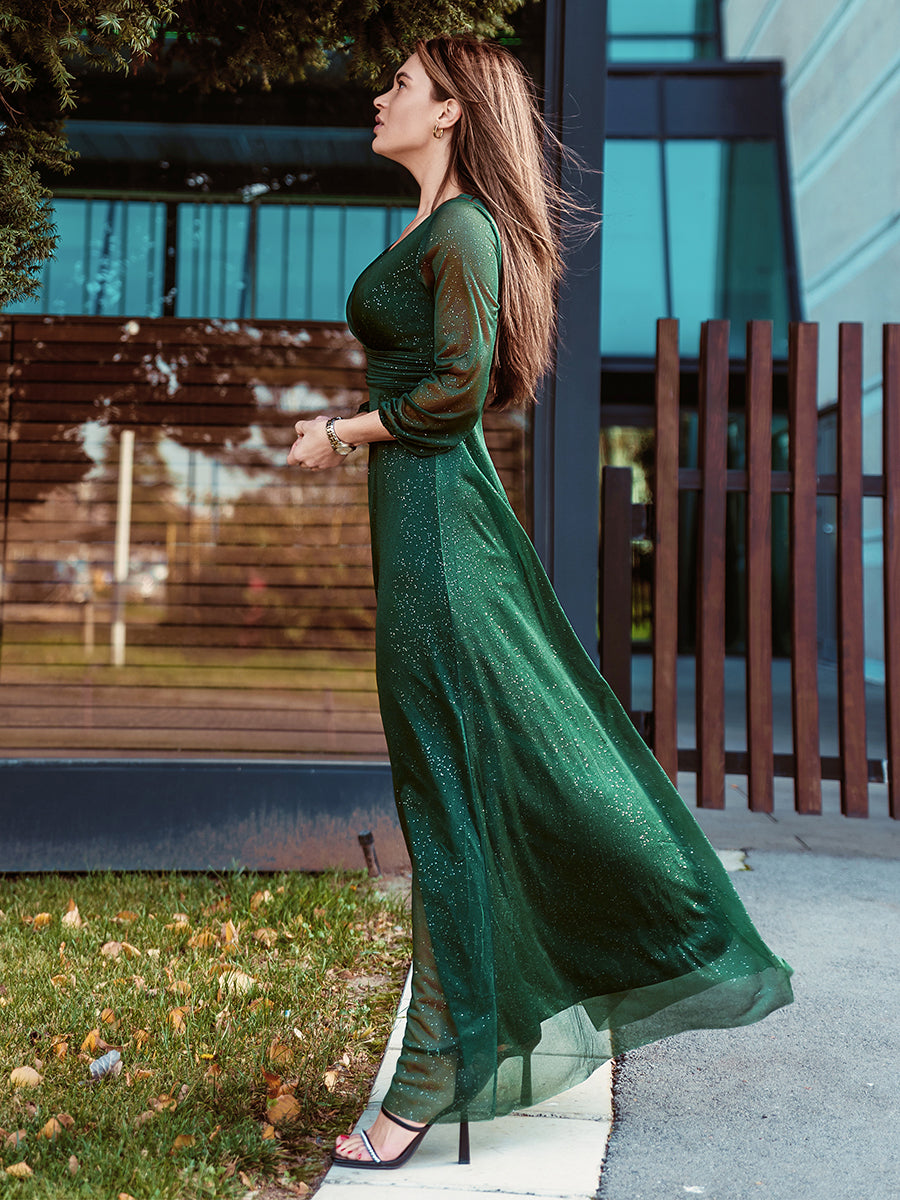 Color=Dark Green | Women'S Sexy V-Neck Long Sleeve Evening Dress-Dark Green 2