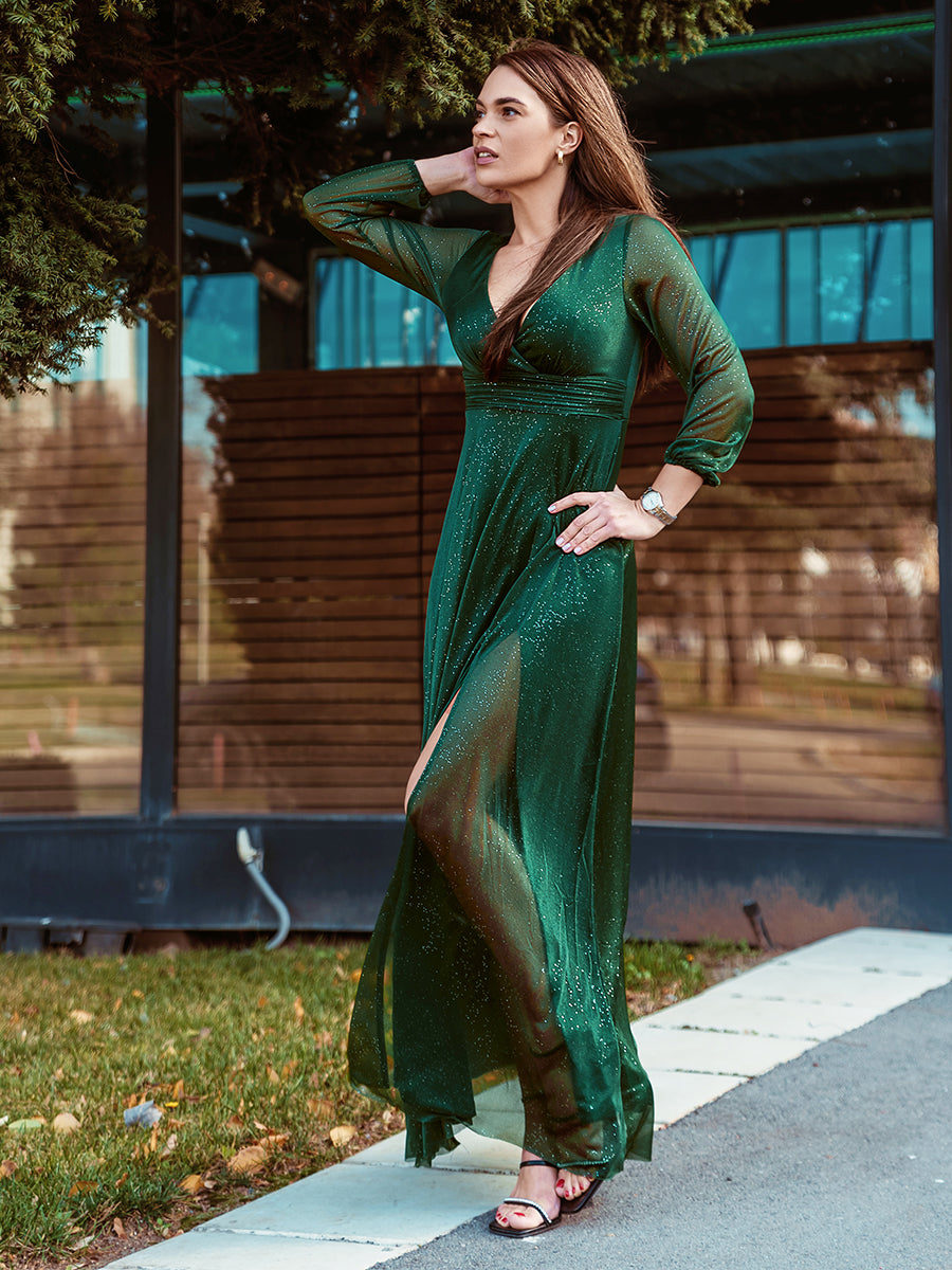 Color=Dark Green | Women'S Sexy V-Neck Long Sleeve Evening Dress-Dark Green 1