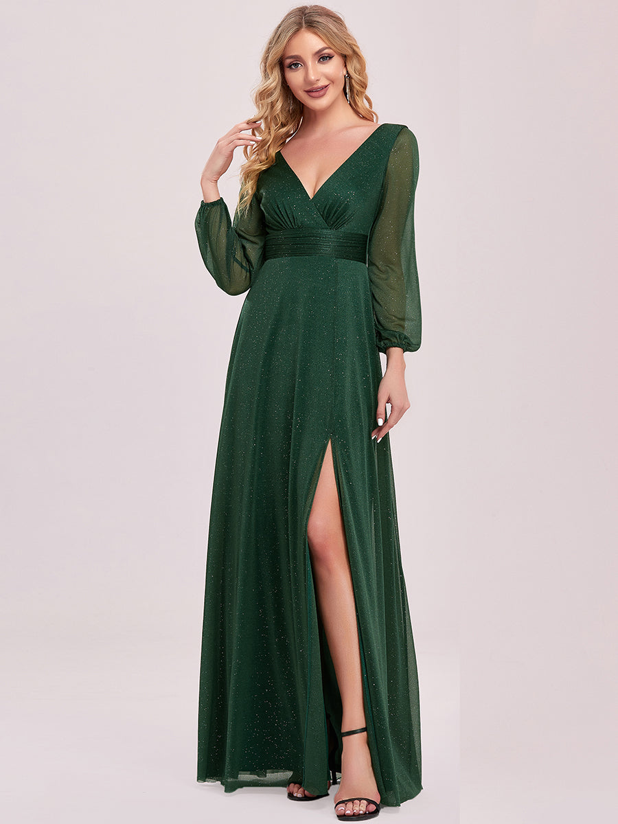 Color=Dark Green | Women'S Sexy V-Neck Long Sleeve Evening Dress-Dark Green 4