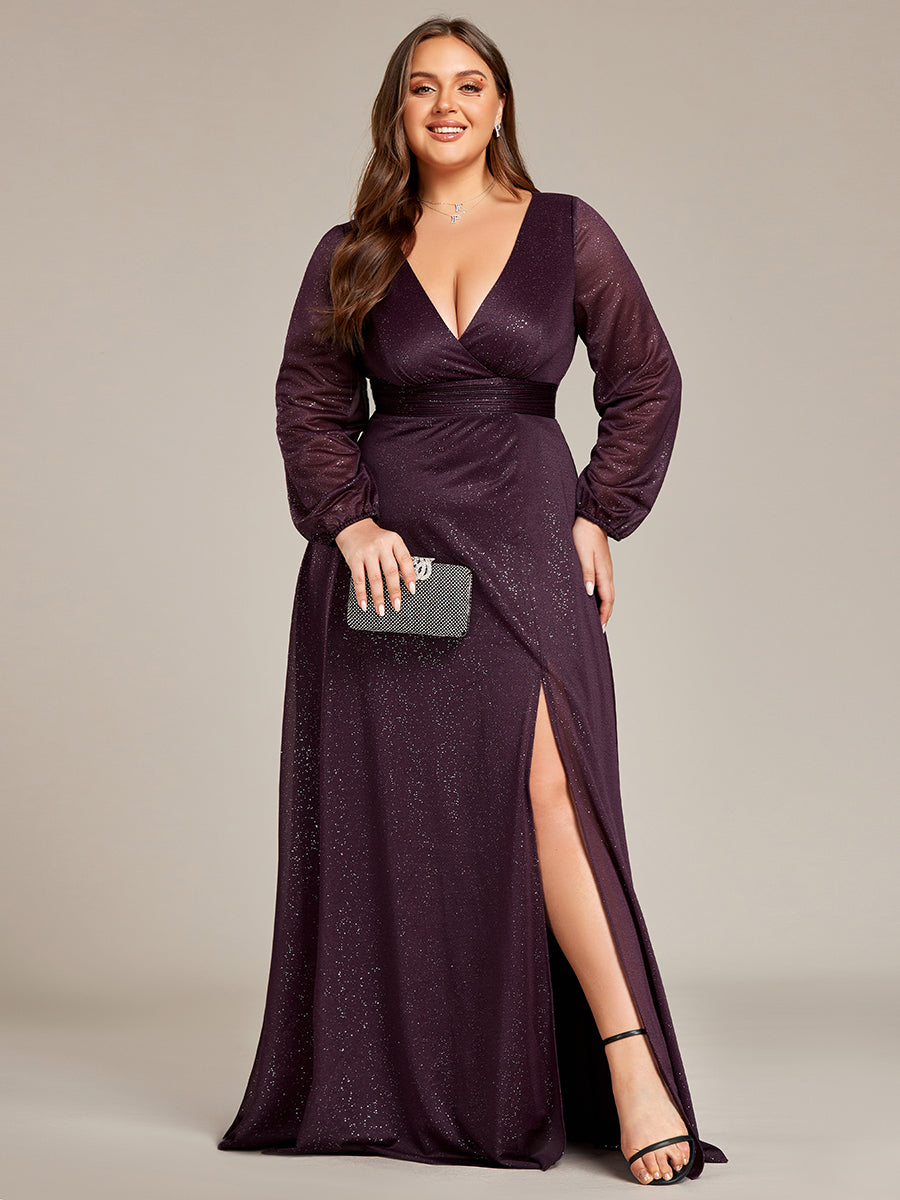 Color=Dark Purple | Plus Shiny Deep V Neck Wholesale Evening Gown With Short Sleeves-Dark Purple 1