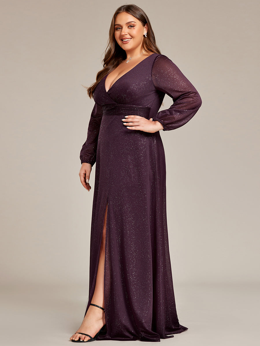 Color=Dark Purple | Plus Shiny Deep V Neck Wholesale Evening Gown With Short Sleeves-Dark Purple 3