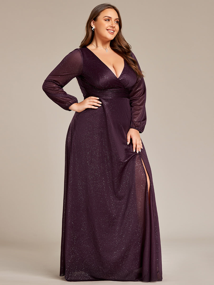 Color=Dark Purple | Plus Shiny Deep V Neck Wholesale Evening Gown With Short Sleeves-Dark Purple 4