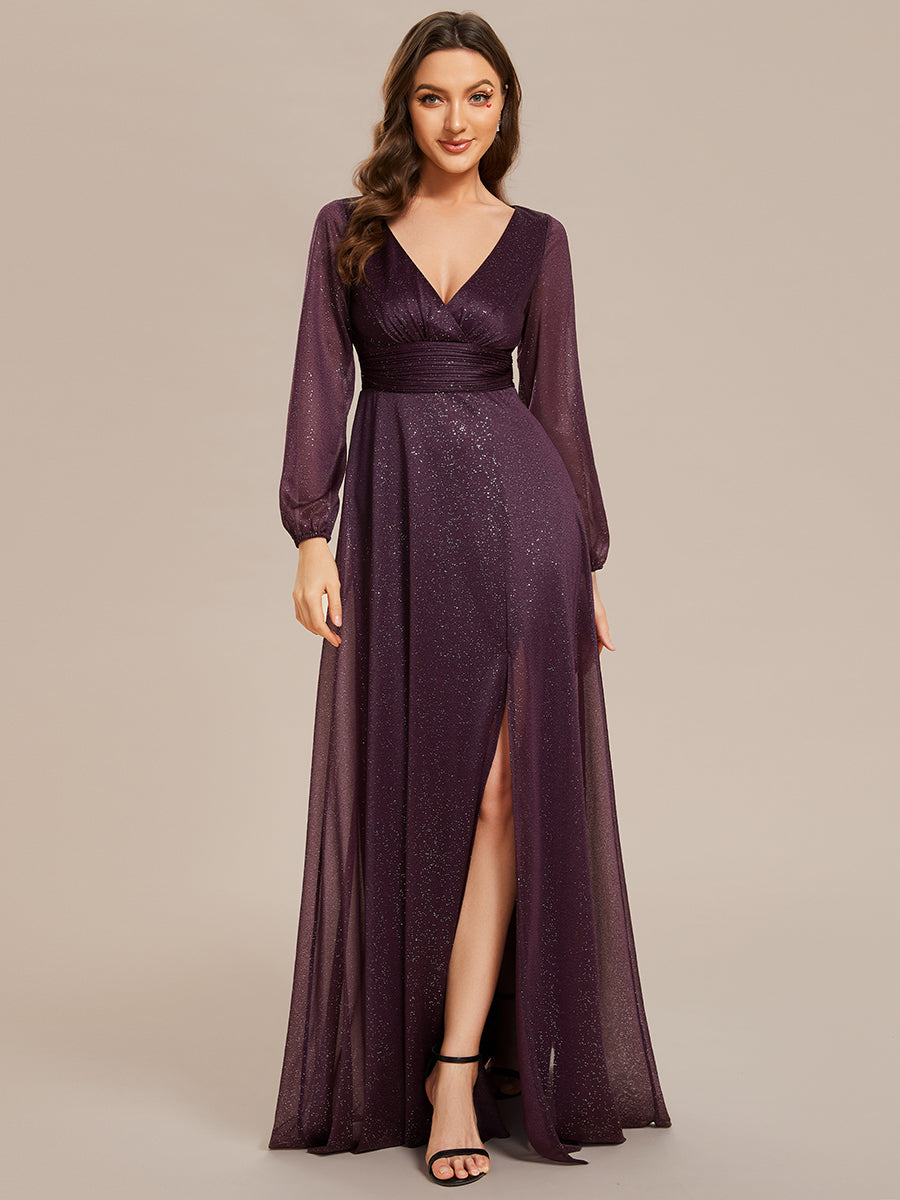 Color=Dark Purple | Shiny Deep V Neck Wholesale Evening Gown With Short Sleeves-Dark Purple 1