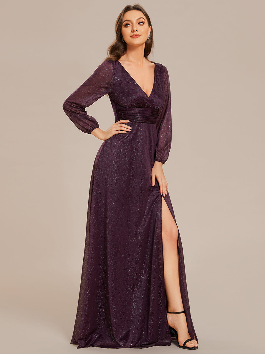 Color=Dark Purple | Shiny Deep V Neck Wholesale Evening Gown With Short Sleeves-Dark Purple 3