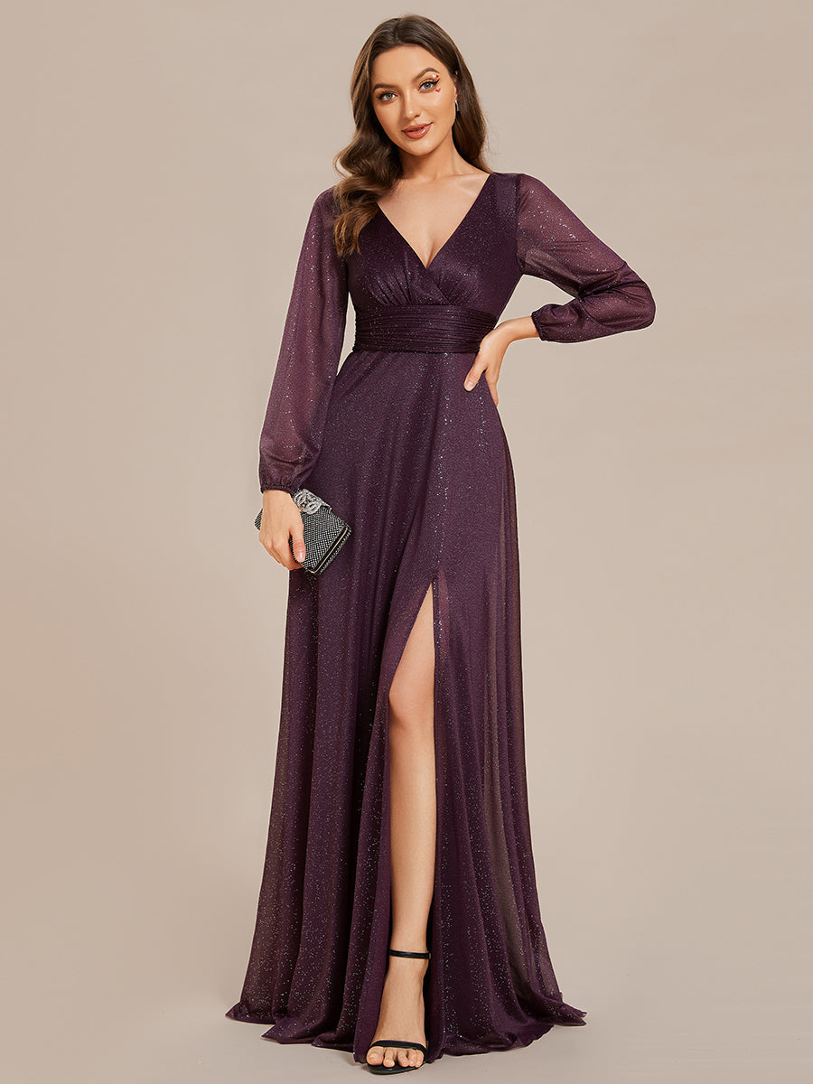 Color=Dark Purple | Shiny Deep V Neck Wholesale Evening Gown With Short Sleeves-Dark Purple 4