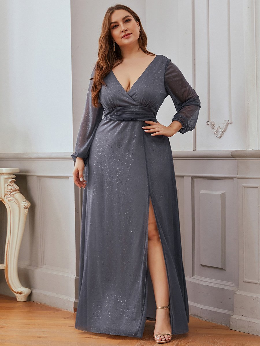Color=Grey | Women'S Sexy V-Neck Long Sleeve Evening Dress-Grey 4